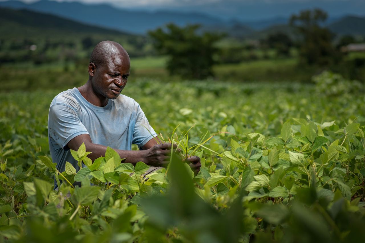A farmer tending young crops in a green field