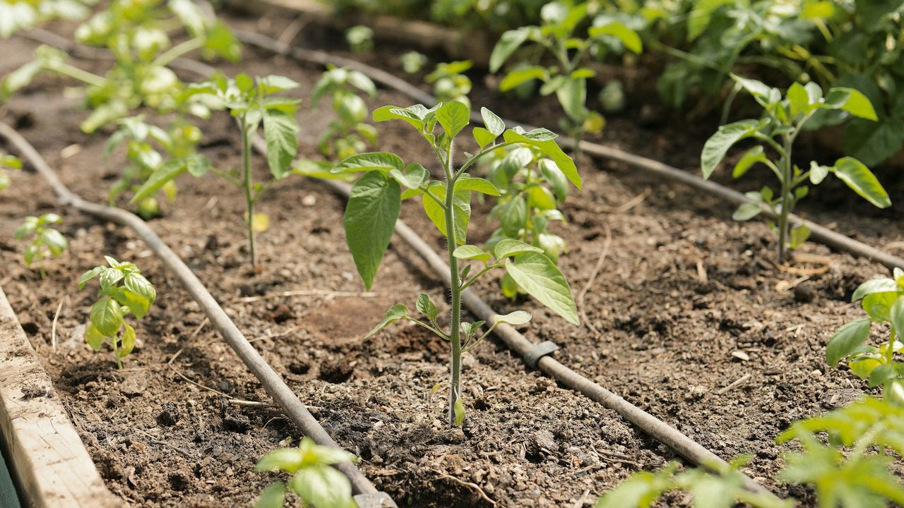 Seedlings growing along a drip line in a bed